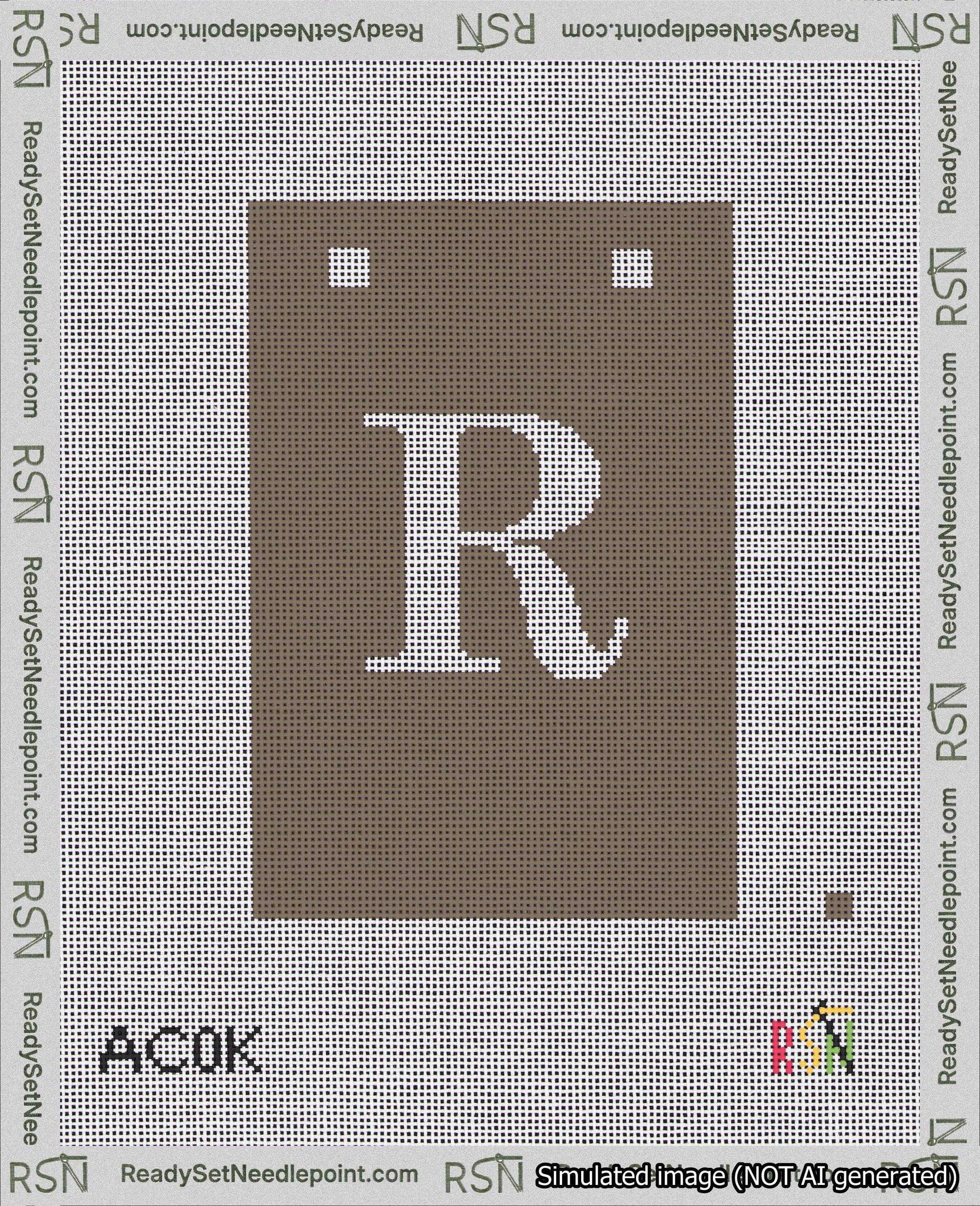A taped needlepoint canvas with the design: Banner 18 mesh count Squared R White on Brown.