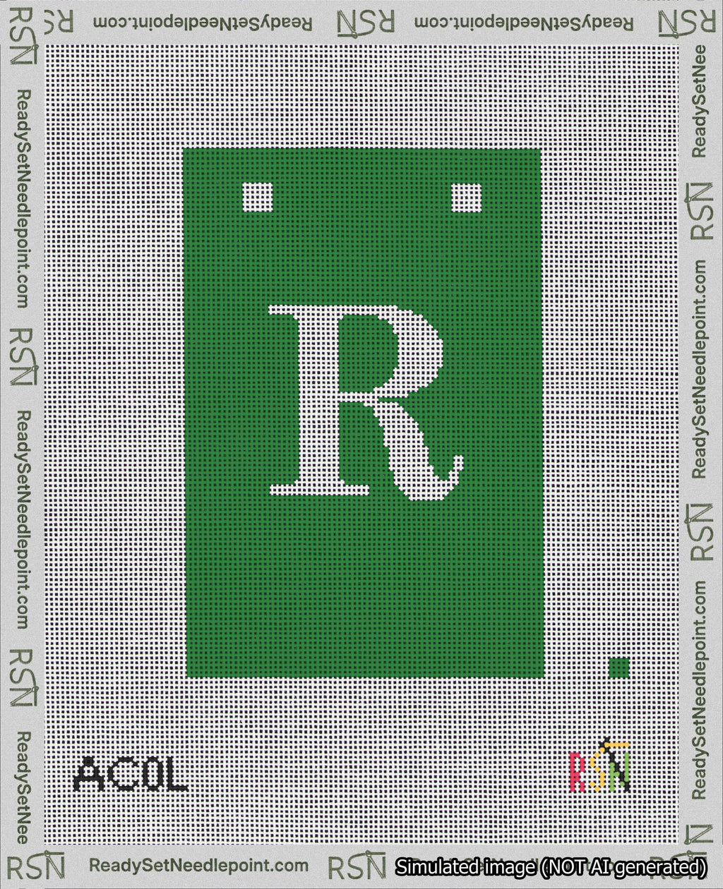 A taped needlepoint canvas with the design: Banner 18 mesh count Squared R White on Green.
