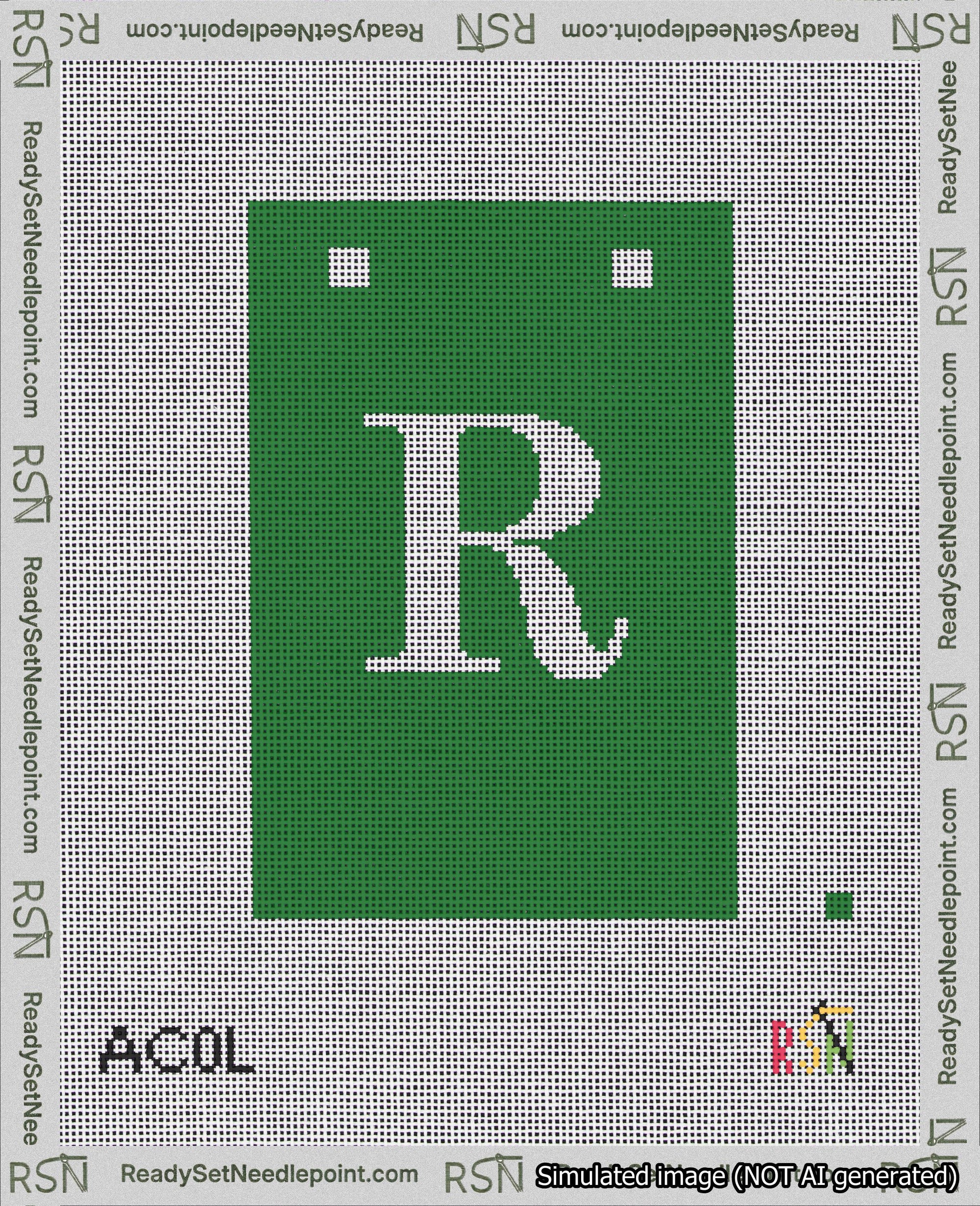 A taped needlepoint canvas with the design: Banner 18 mesh count Squared R White on Green.