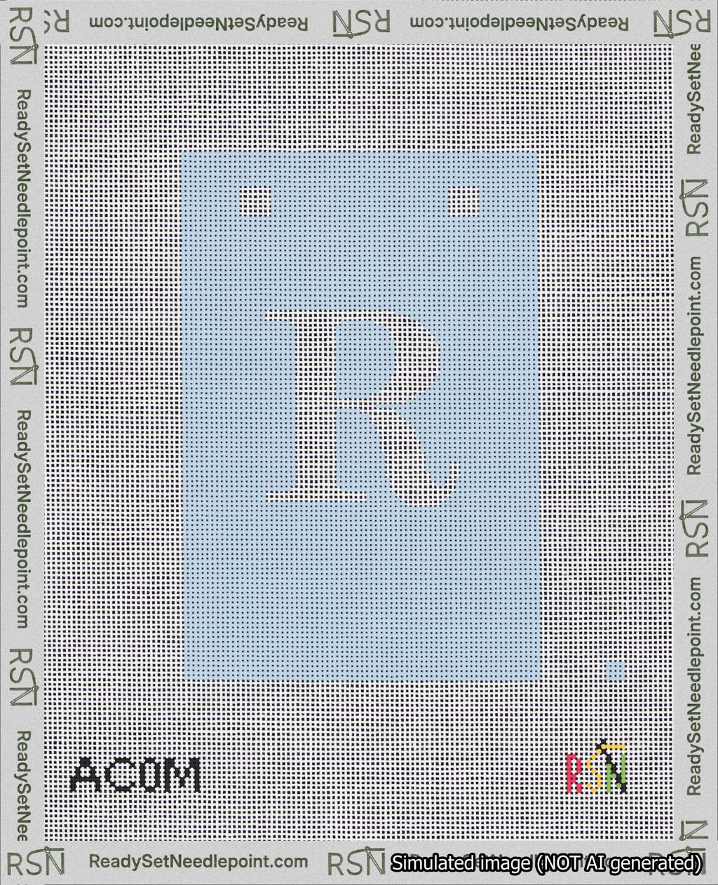 A taped needlepoint canvas with the design: Banner 18 mesh count Squared R White on Light Blue.