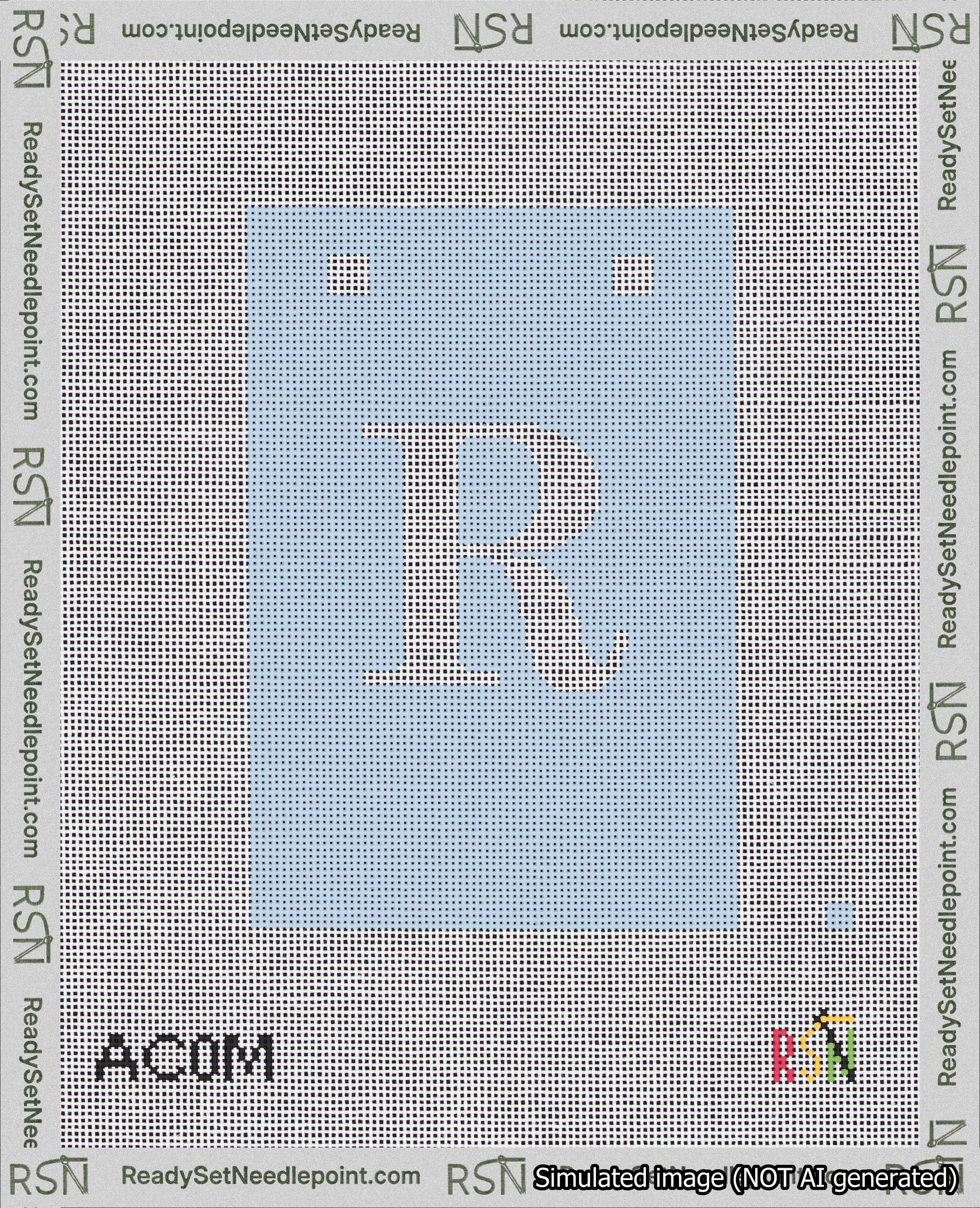 A taped needlepoint canvas with the design: Banner 18 mesh count Squared R White on Light Blue.