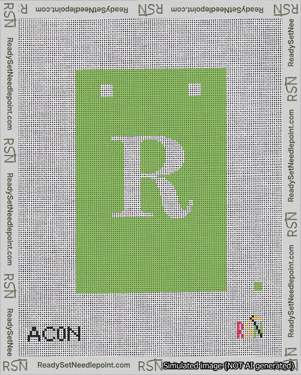 A taped needlepoint canvas with the design: Banner 18 mesh count Squared R White on Light Green.