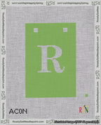 A taped needlepoint canvas with the design: Banner 18 mesh count Squared R White on Light Green.
