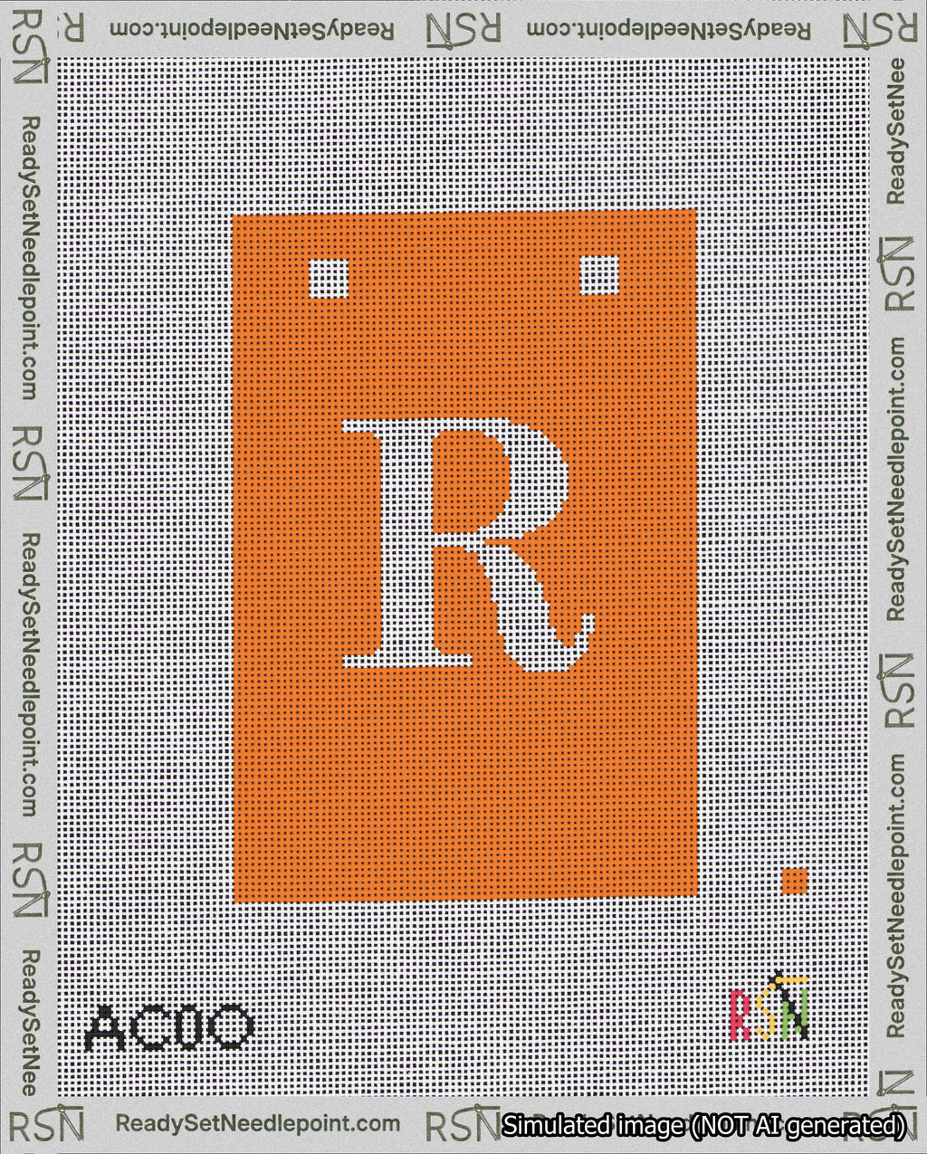 A taped needlepoint canvas with the design: Banner 18 mesh count Squared R White on Orange.