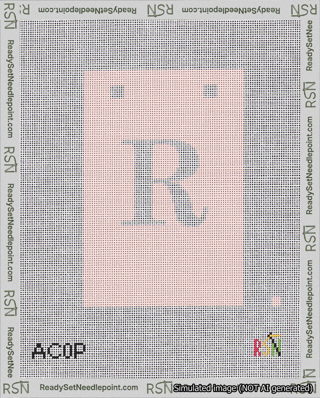 A taped needlepoint canvas with the design: Banner 18 mesh count Squared R White on Pink.