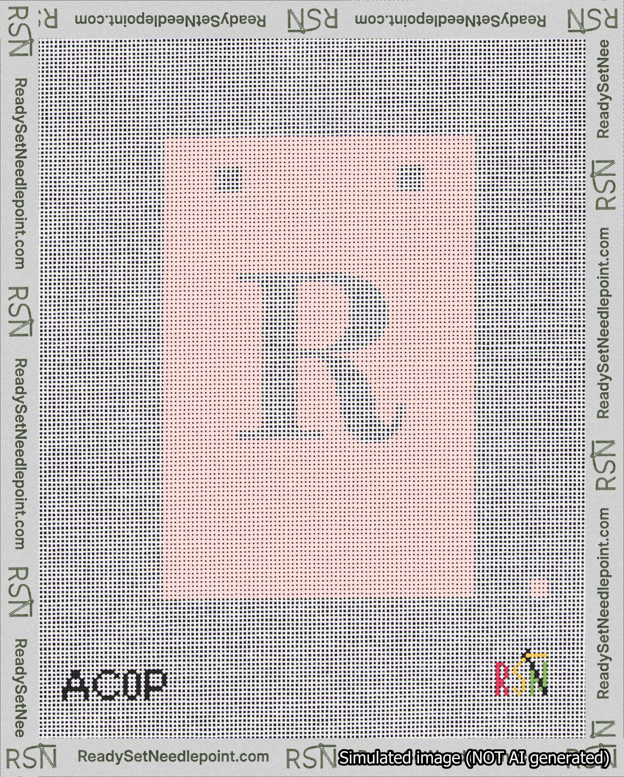 A taped needlepoint canvas with the design: Banner 18 mesh count Squared R White on Pink.
