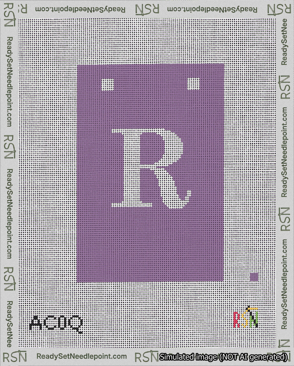 A taped needlepoint canvas with the design: Banner 18 mesh count Squared R White on Purple.