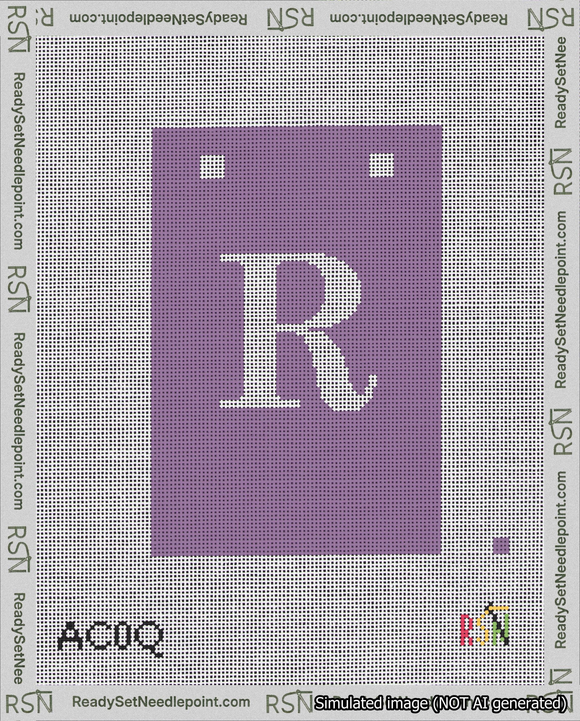 A taped needlepoint canvas with the design: Banner 18 mesh count Squared R White on Purple.