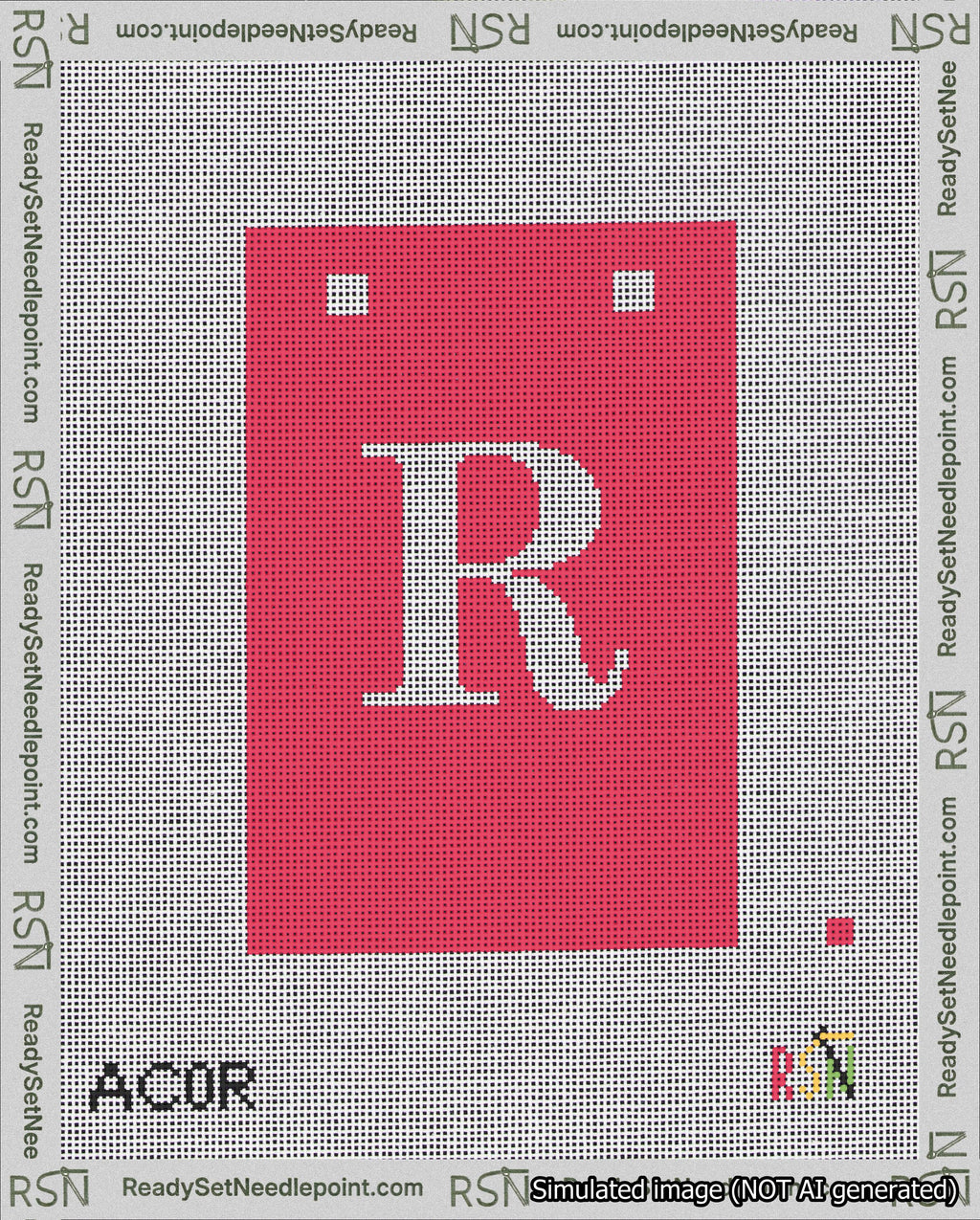 A taped needlepoint canvas with the design: Banner 18 mesh count Squared R White on Red.