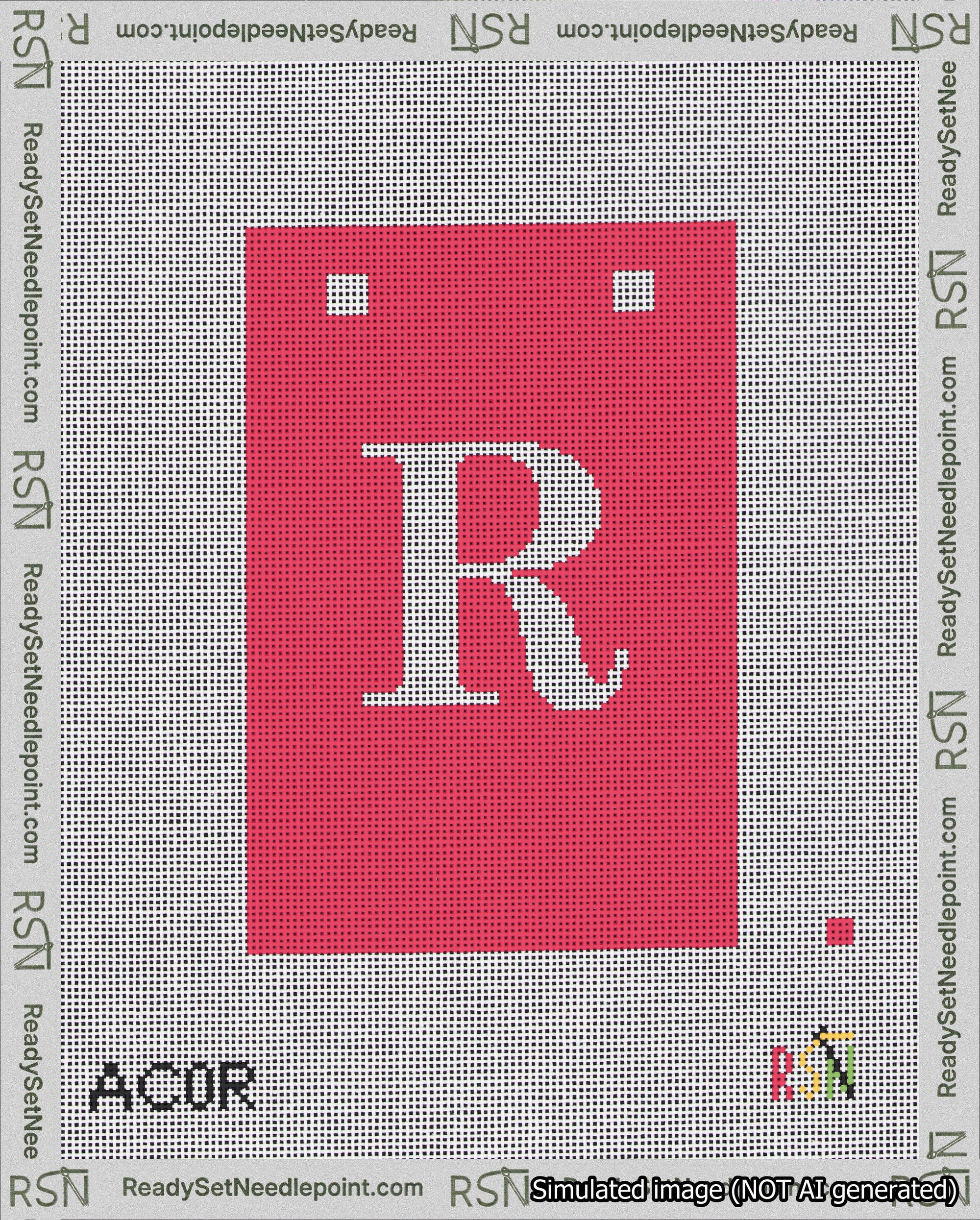 A taped needlepoint canvas with the design: Banner 18 mesh count Squared R White on Red.