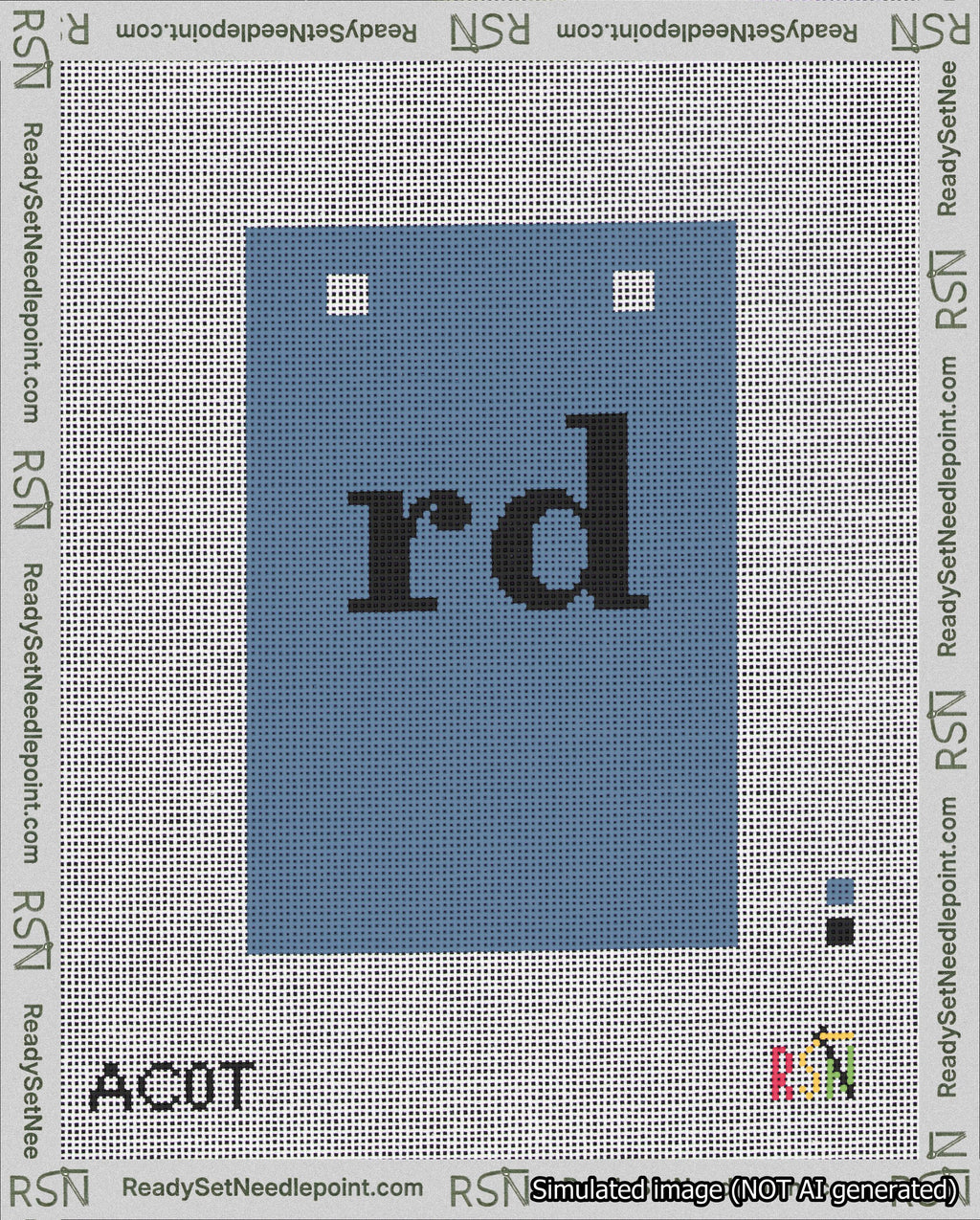 A taped needlepoint canvas with the design: Banner 18 mesh count Squared rd Black on Blue.