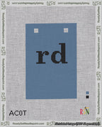 A taped needlepoint canvas with the design: Banner 18 mesh count Squared rd Black on Blue.