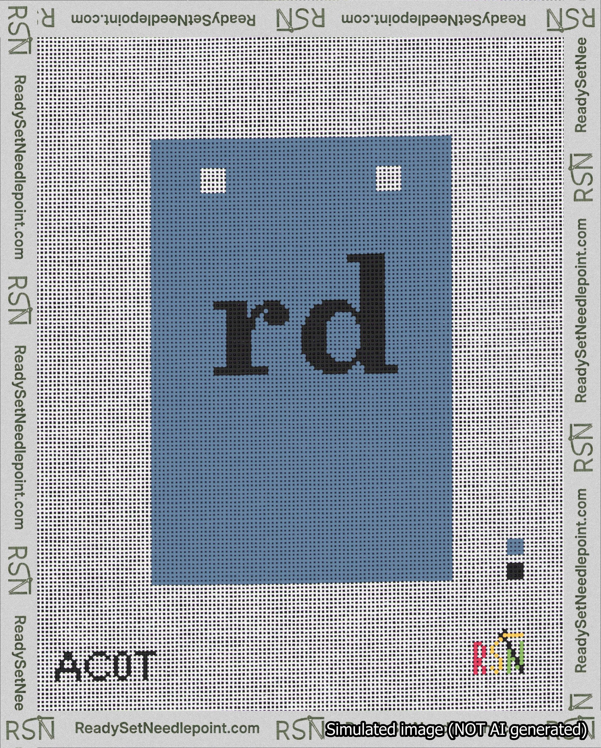 A taped needlepoint canvas with the design: Banner 18 mesh count Squared rd Black on Blue.