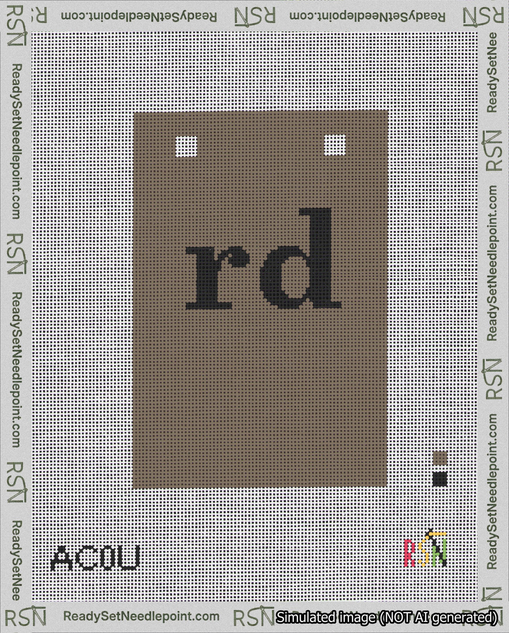 A taped needlepoint canvas with the design: Banner 18 mesh count Squared rd Black on Brown.
