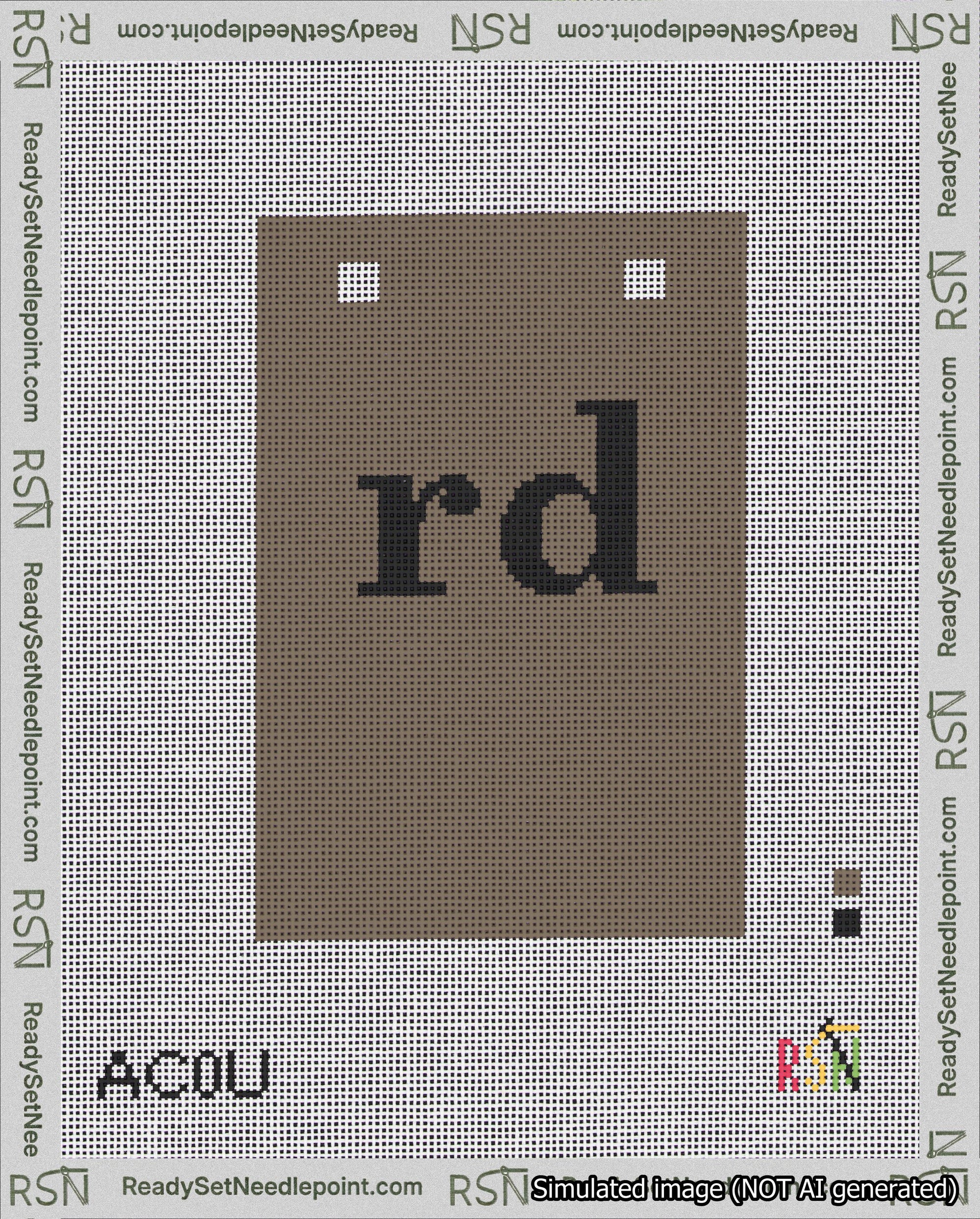 A taped needlepoint canvas with the design: Banner 18 mesh count Squared rd Black on Brown.