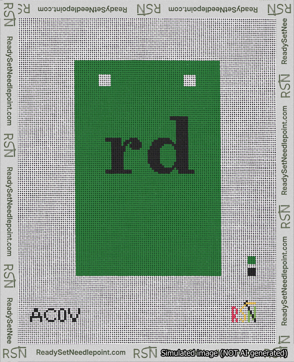 A taped needlepoint canvas with the design: Banner 18 mesh count Squared rd Black on Green.