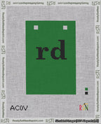 A taped needlepoint canvas with the design: Banner 18 mesh count Squared rd Black on Green.