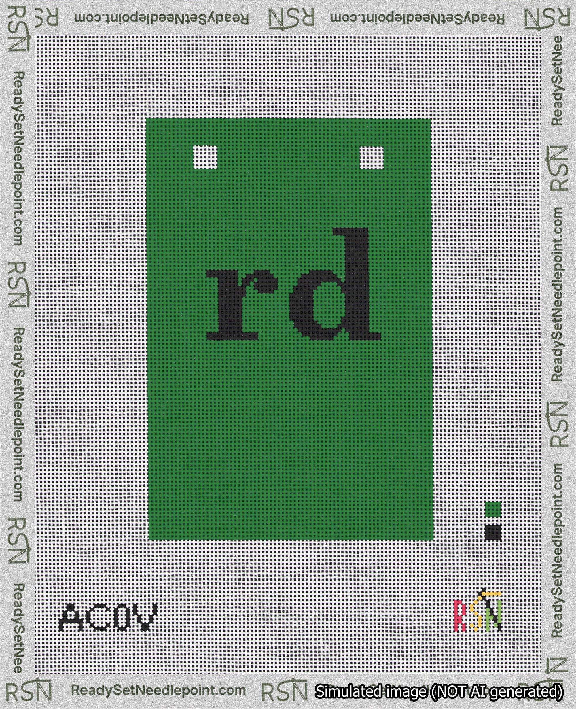 A taped needlepoint canvas with the design: Banner 18 mesh count Squared rd Black on Green.