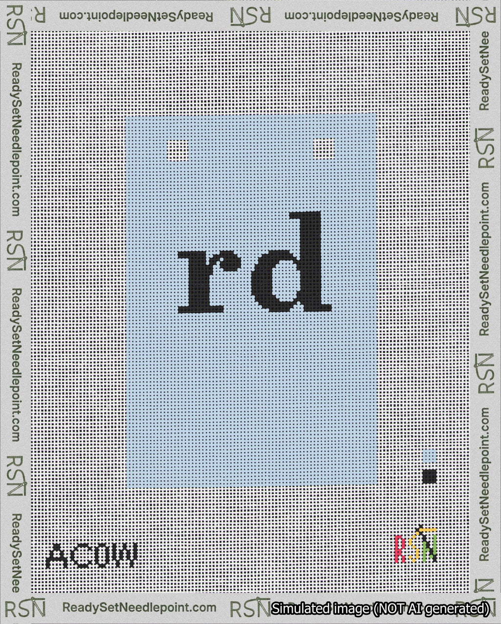 A taped needlepoint canvas with the design: Banner 18 mesh count Squared rd Black on Light Blue.