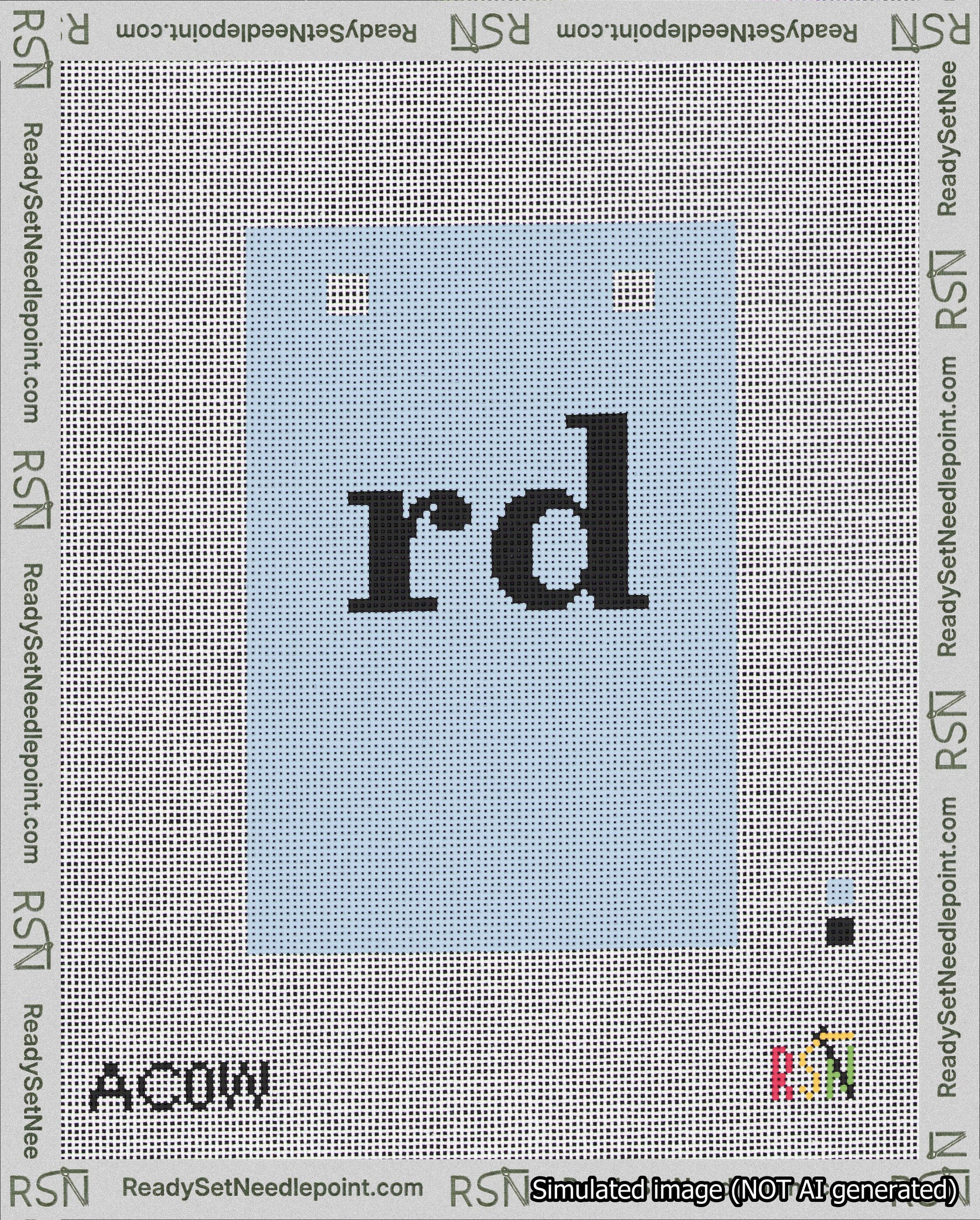 A taped needlepoint canvas with the design: Banner 18 mesh count Squared rd Black on Light Blue.