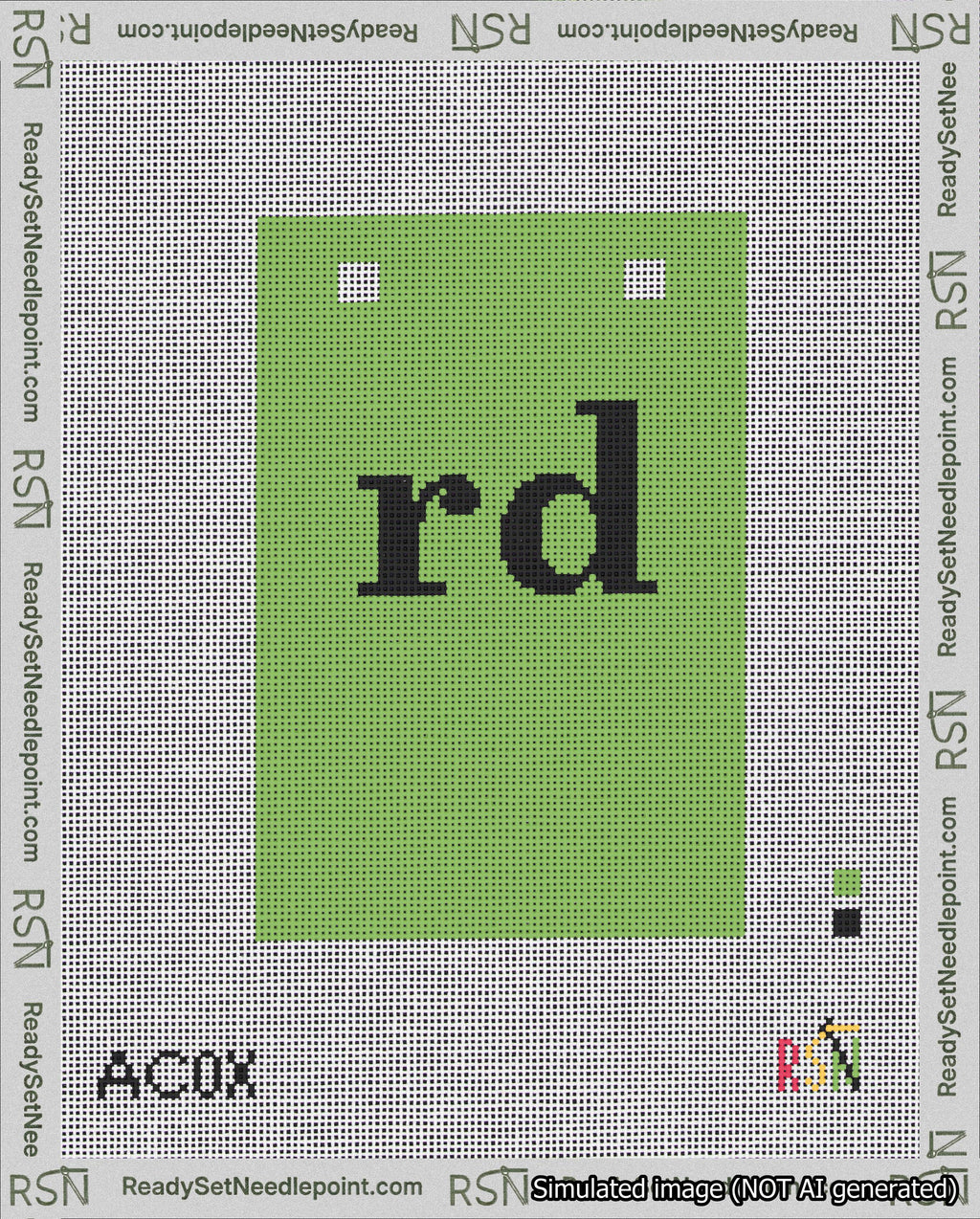 A taped needlepoint canvas with the design: Banner 18 mesh count Squared rd Black on Light Green.