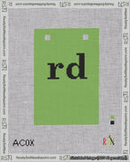 A taped needlepoint canvas with the design: Banner 18 mesh count Squared rd Black on Light Green.