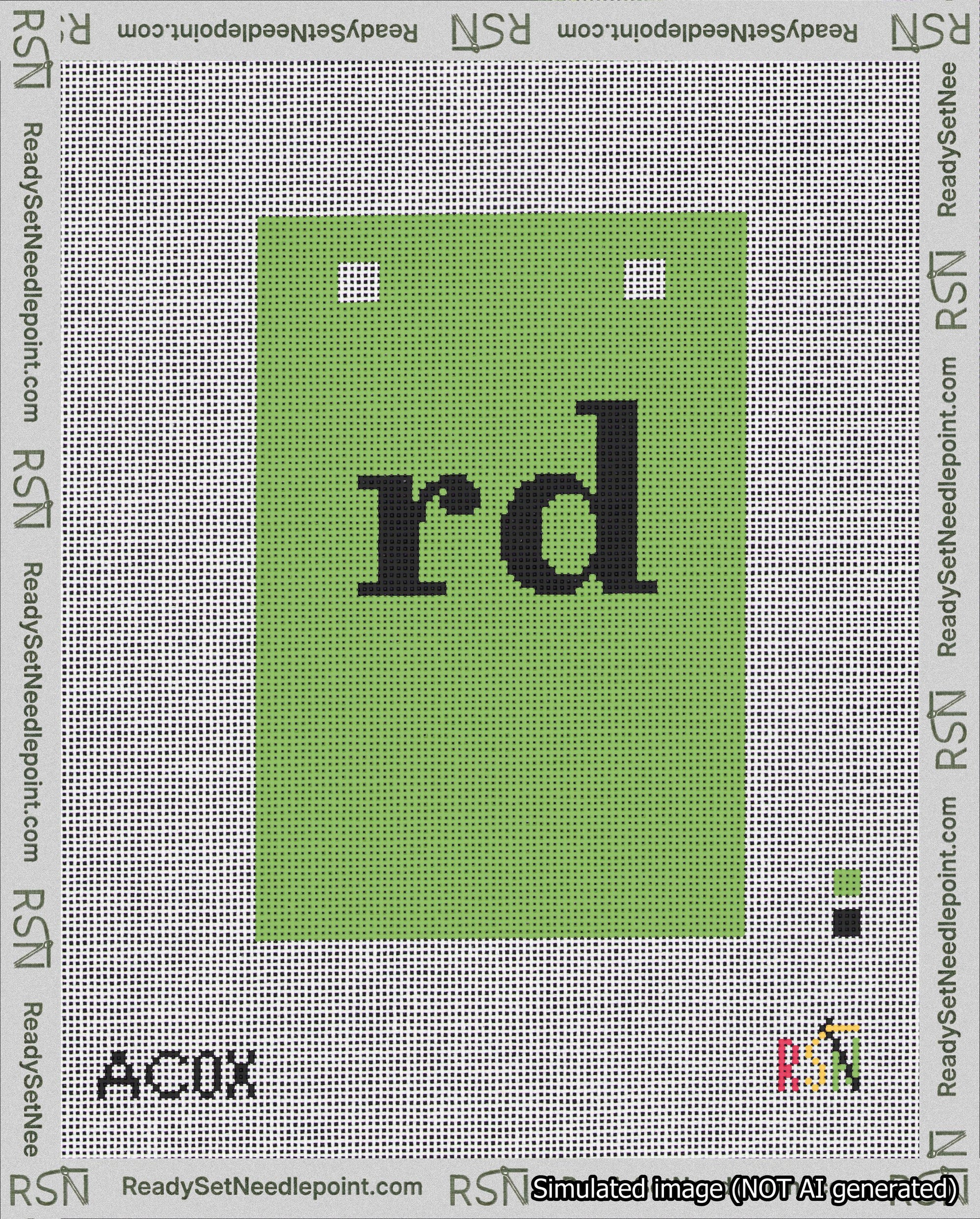 A taped needlepoint canvas with the design: Banner 18 mesh count Squared rd Black on Light Green.