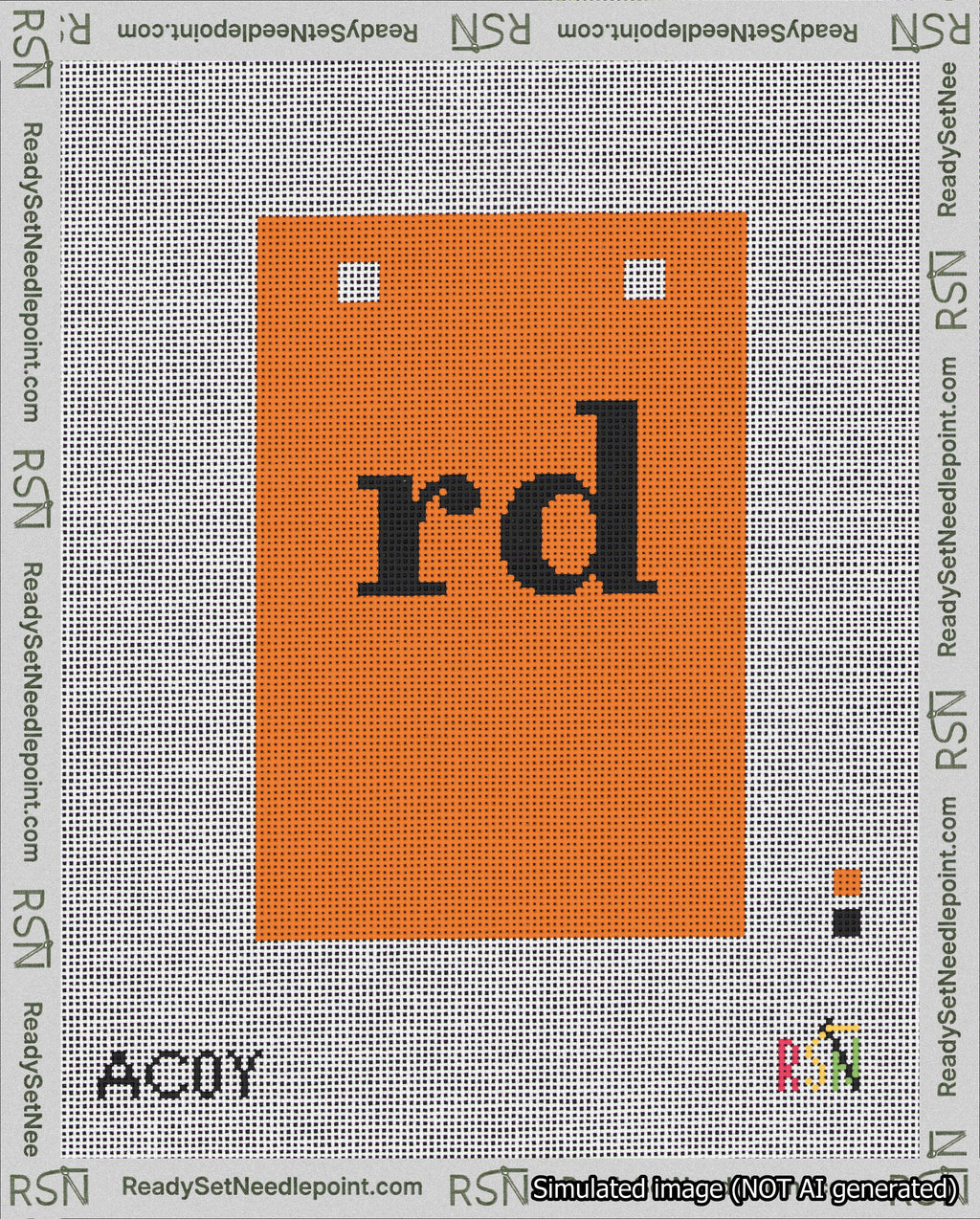 A taped needlepoint canvas with the design: Banner 18 mesh count Squared rd Black on Orange.