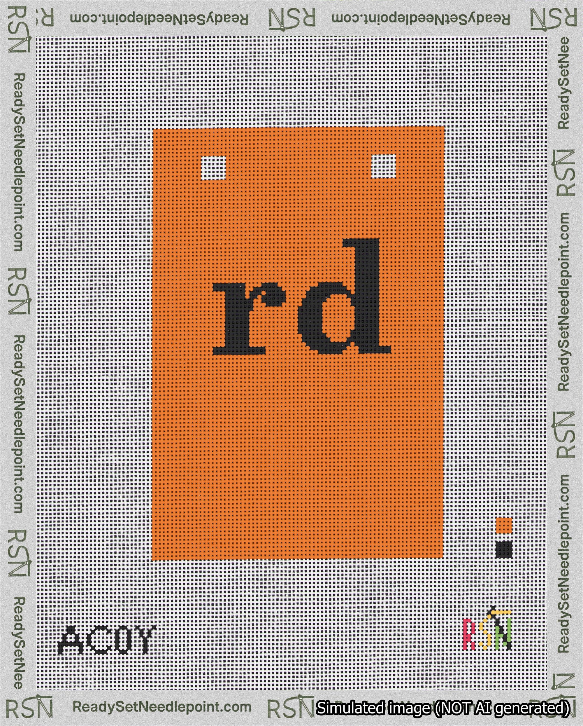 A taped needlepoint canvas with the design: Banner 18 mesh count Squared rd Black on Orange.