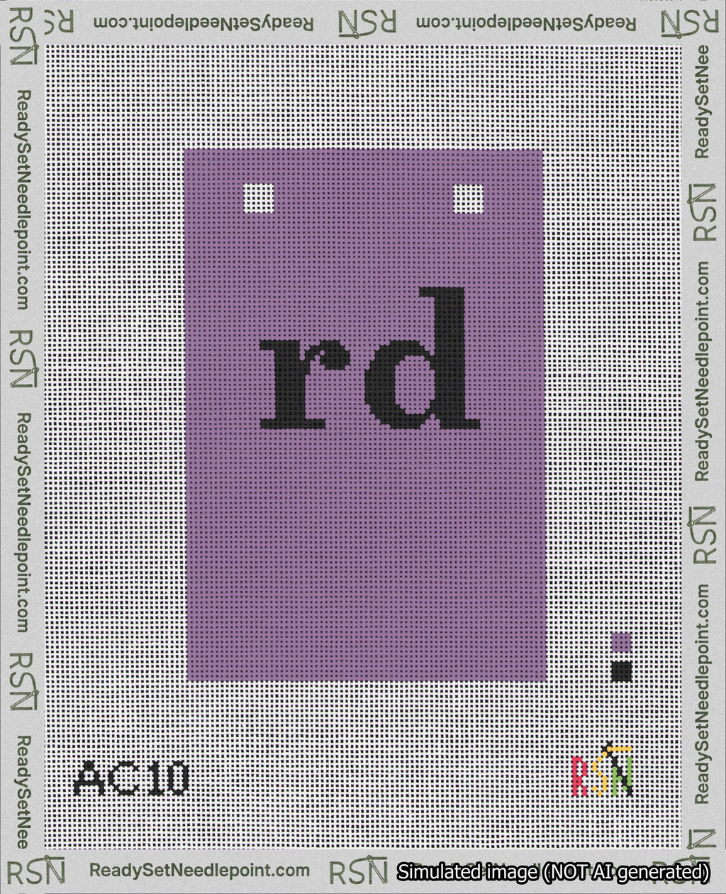 A taped needlepoint canvas with the design: Banner 18 mesh count Squared rd Black on Purple.