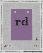 A taped needlepoint canvas with the design: Banner 18 mesh count Squared rd Black on Purple.