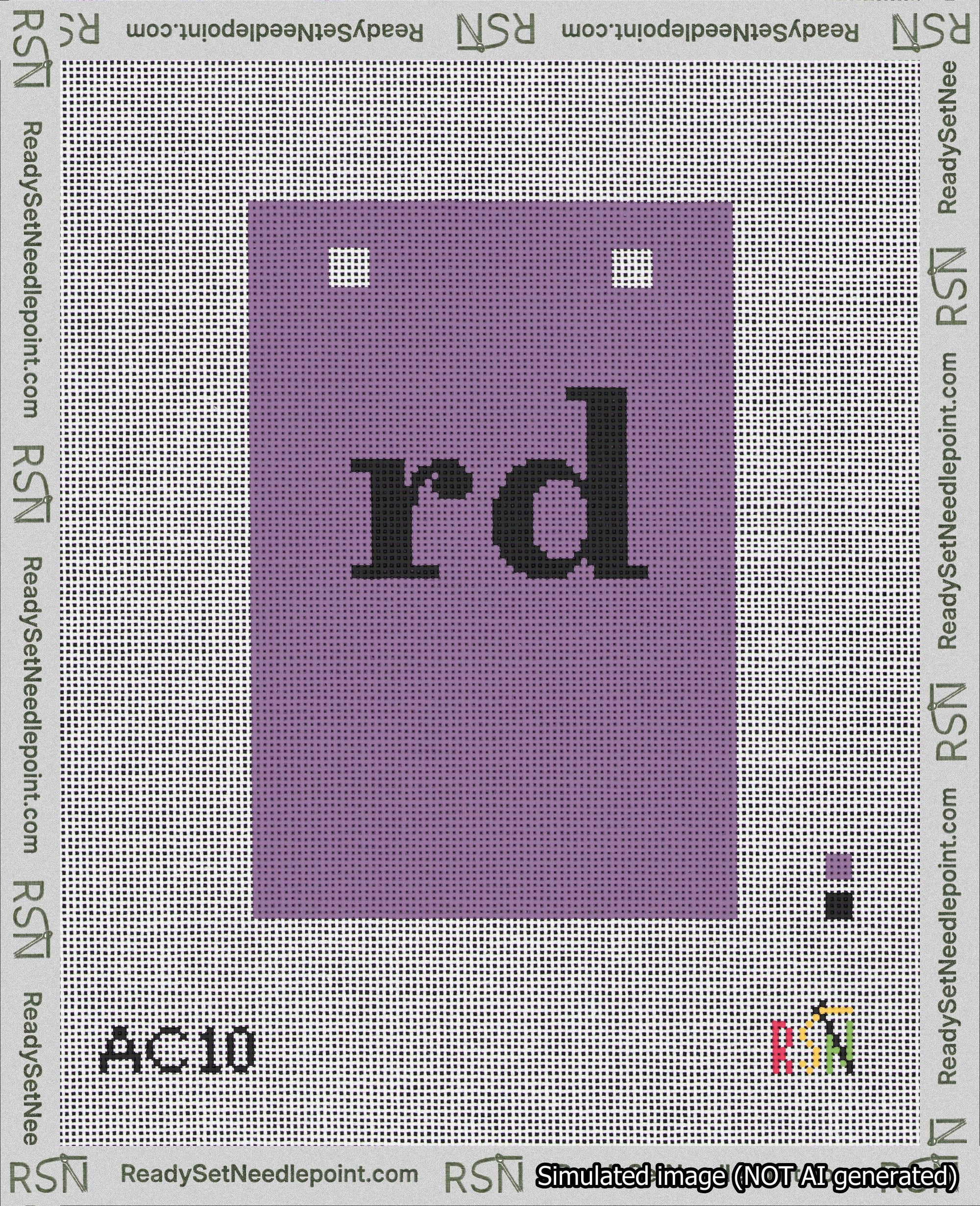 A taped needlepoint canvas with the design: Banner 18 mesh count Squared rd Black on Purple.