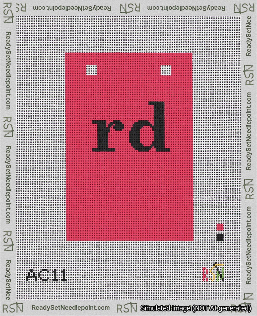 A taped needlepoint canvas with the design: Banner 18 mesh count Squared rd Black on Red.