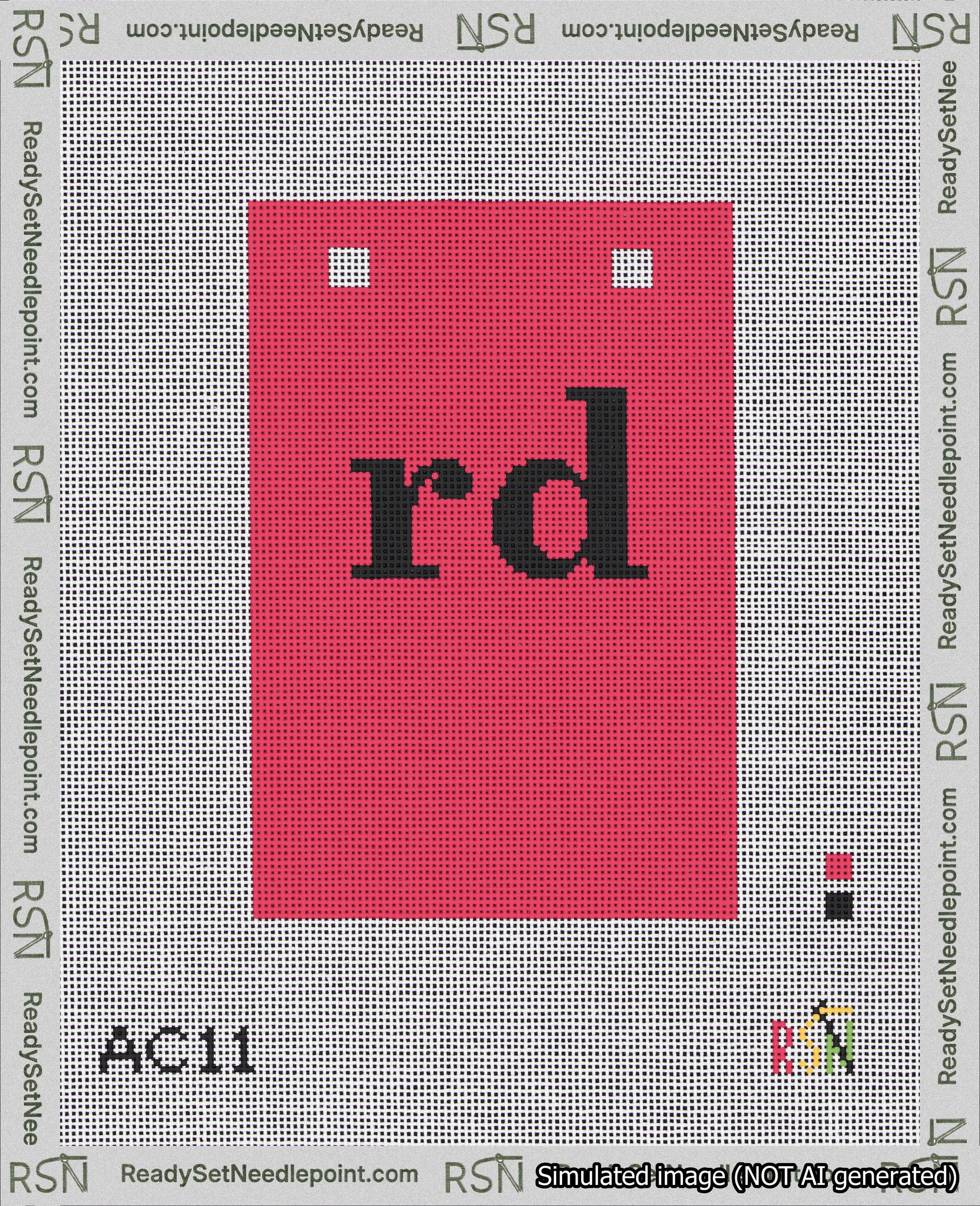 A taped needlepoint canvas with the design: Banner 18 mesh count Squared rd Black on Red.