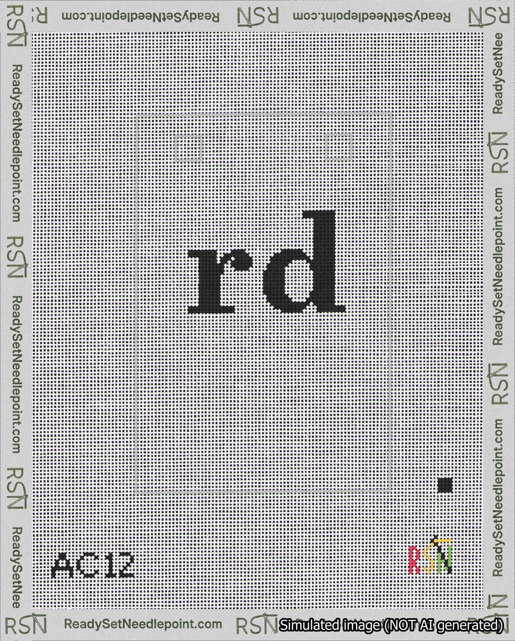 A taped needlepoint canvas with the design: Banner 18 mesh count Squared rd Black on White.