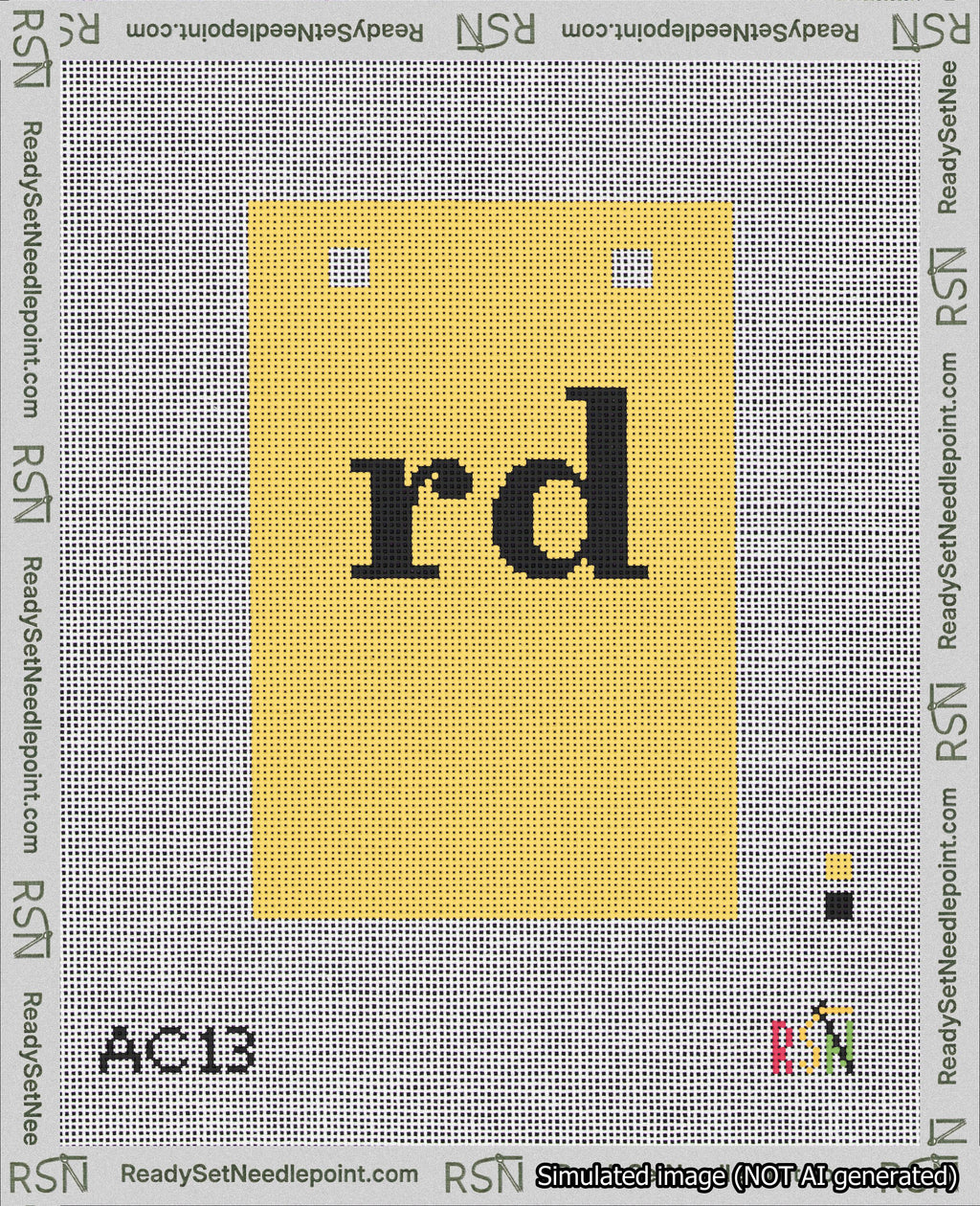 A taped needlepoint canvas with the design: Banner 18 mesh count Squared rd Black on Yellow.