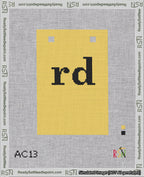 A taped needlepoint canvas with the design: Banner 18 mesh count Squared rd Black on Yellow.