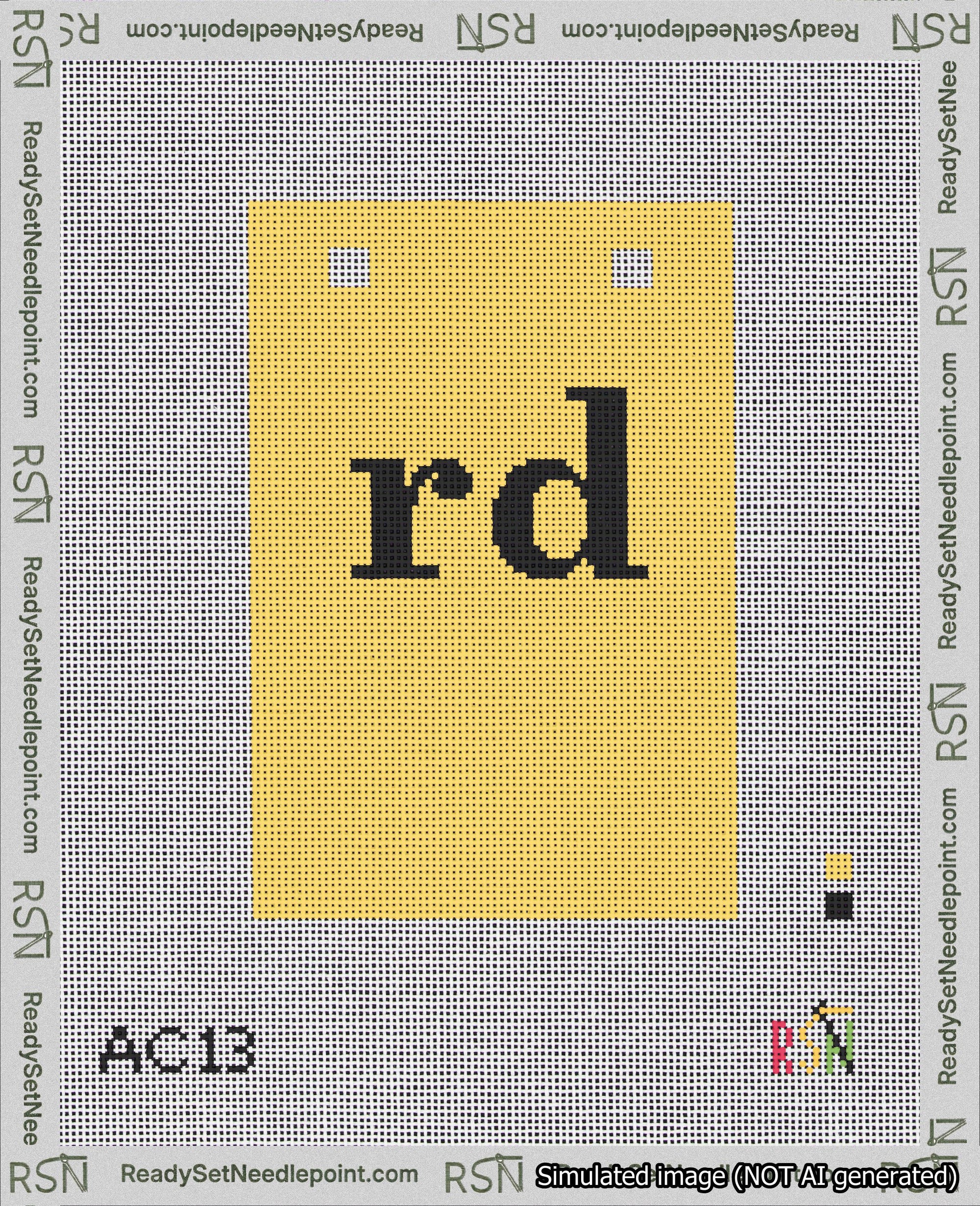 A taped needlepoint canvas with the design: Banner 18 mesh count Squared rd Black on Yellow.