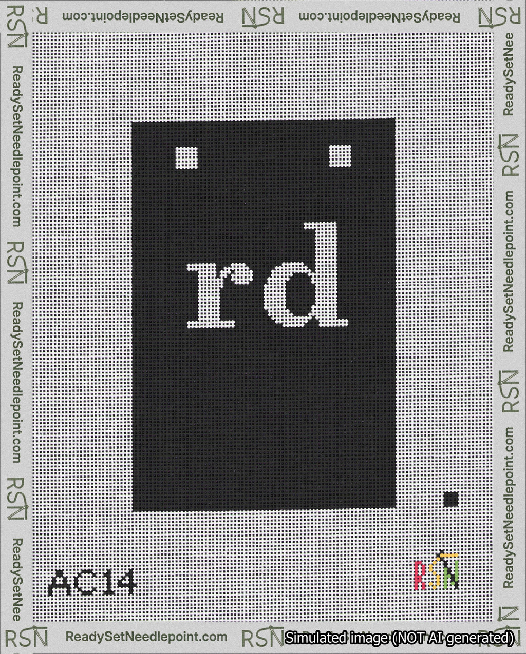 A taped needlepoint canvas with the design: Banner 18 mesh count Squared rd White on Black.