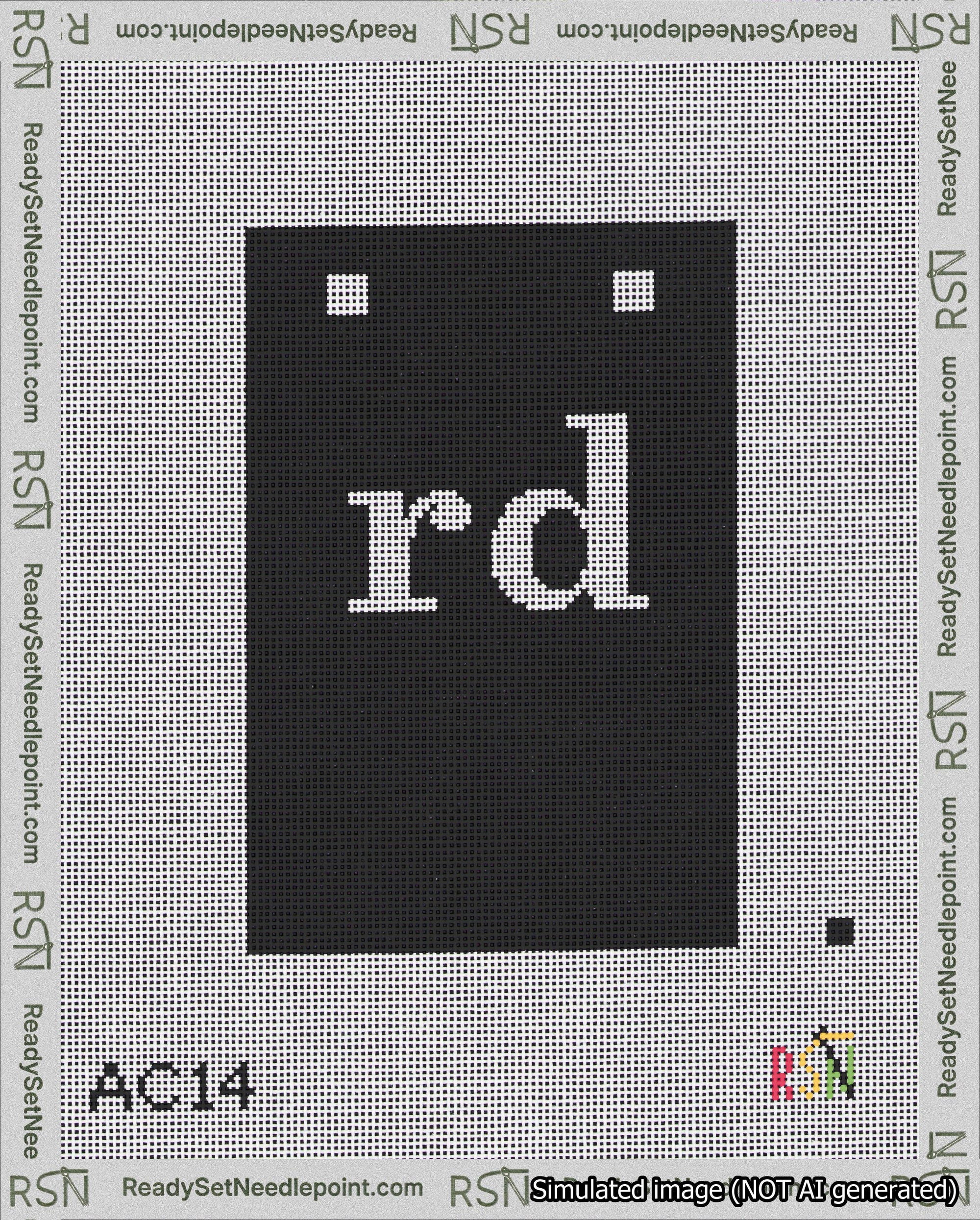 A taped needlepoint canvas with the design: Banner 18 mesh count Squared rd White on Black.