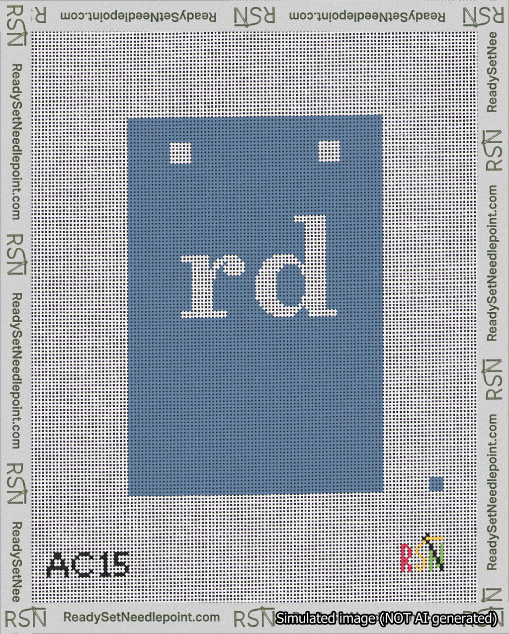 A taped needlepoint canvas with the design: Banner 18 mesh count Squared rd White on Blue.