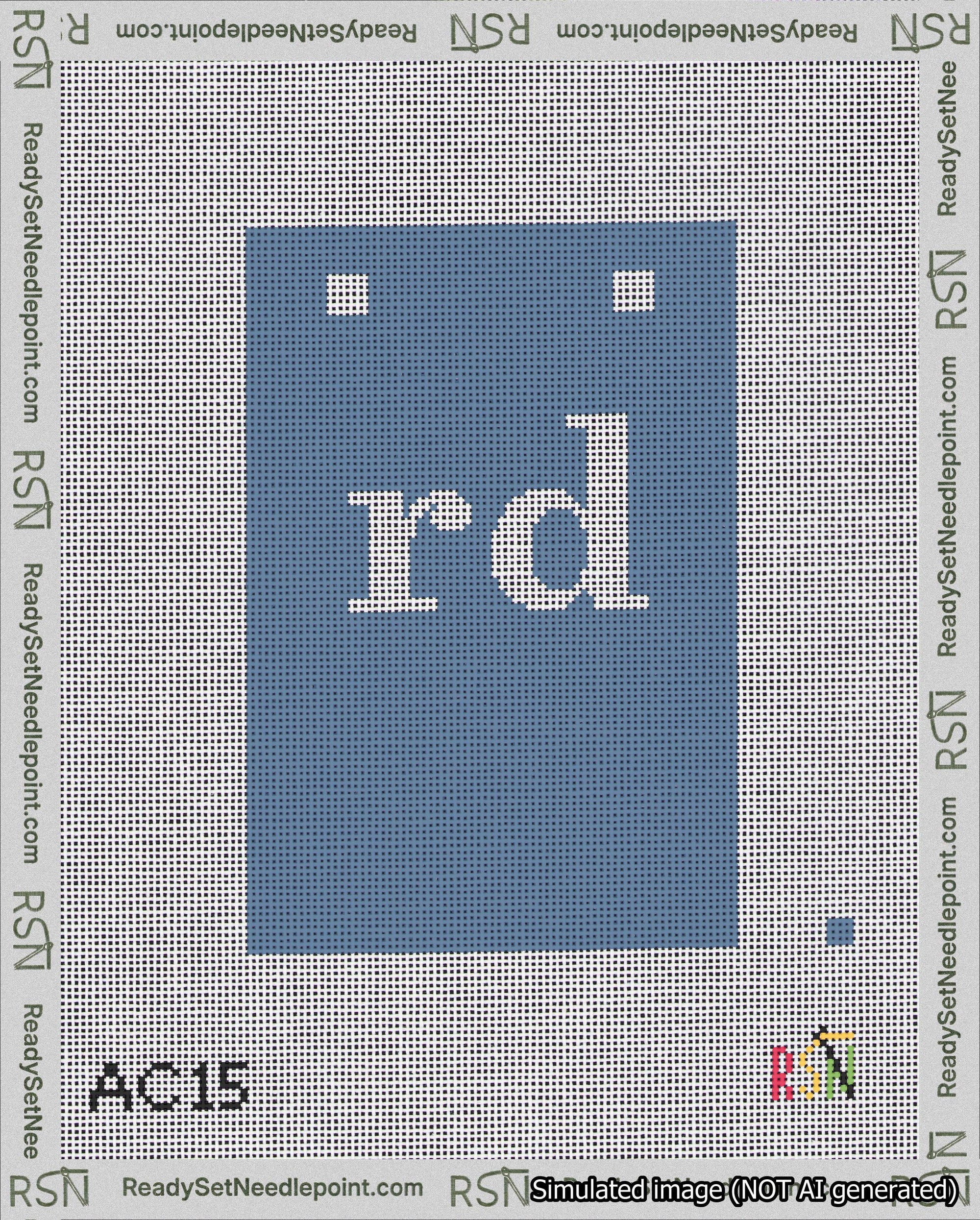 A taped needlepoint canvas with the design: Banner 18 mesh count Squared rd White on Blue.