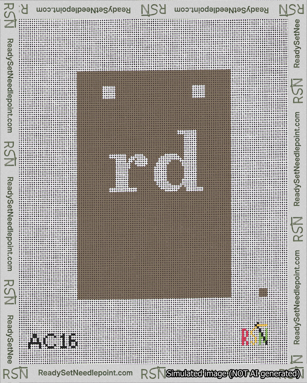 A taped needlepoint canvas with the design: Banner 18 mesh count Squared rd White on Brown.