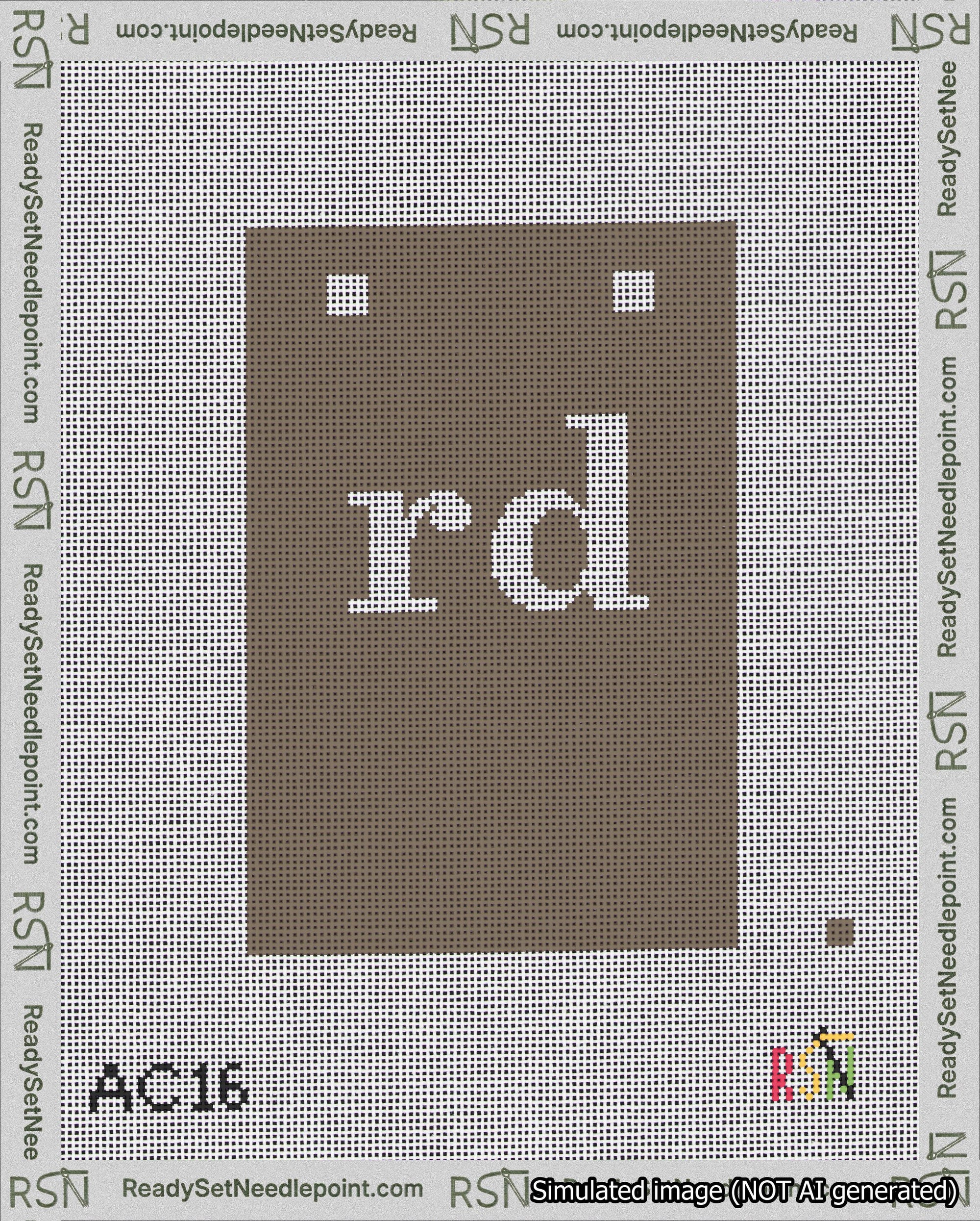 A taped needlepoint canvas with the design: Banner 18 mesh count Squared rd White on Brown.