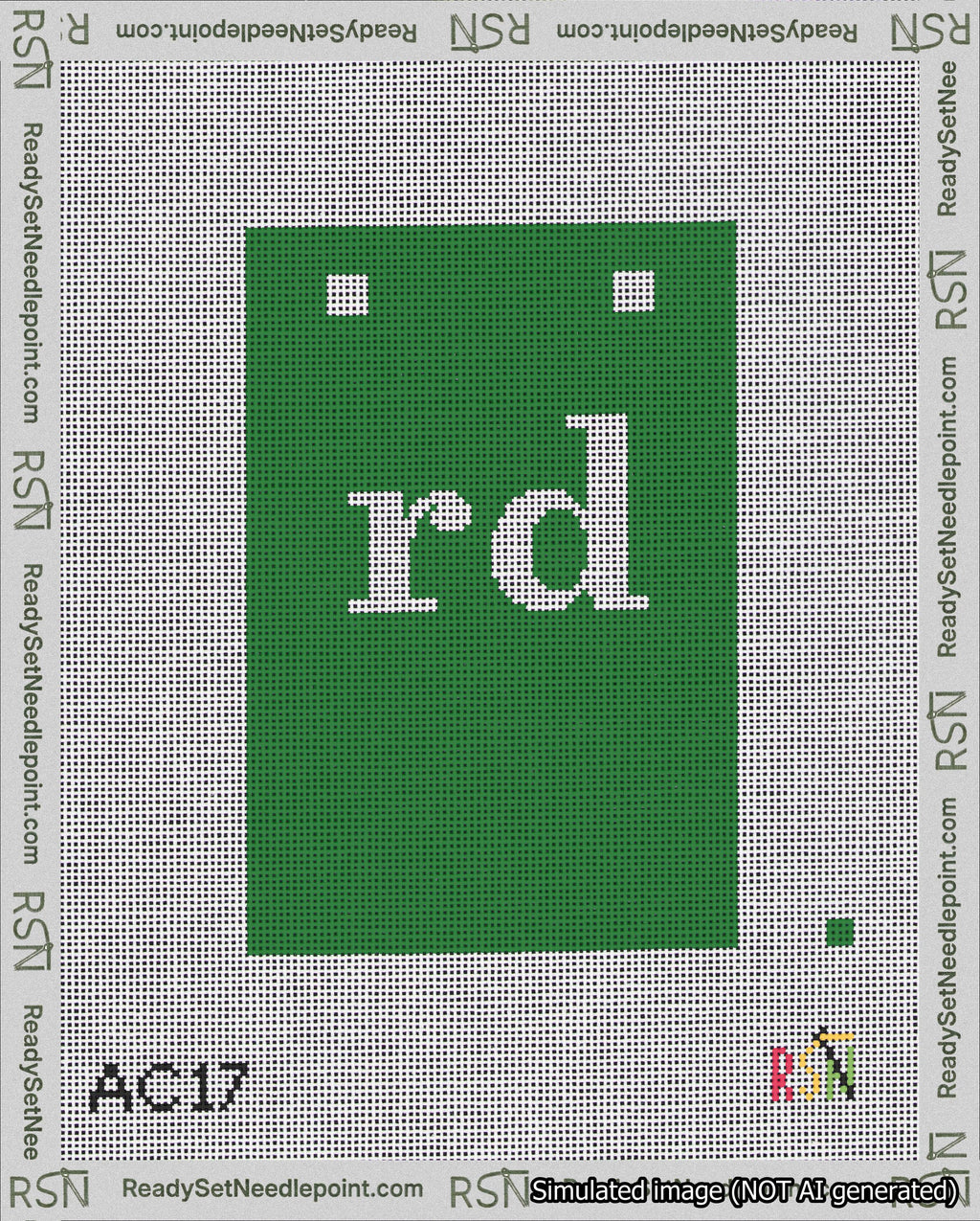 A taped needlepoint canvas with the design: Banner 18 mesh count Squared rd White on Green.