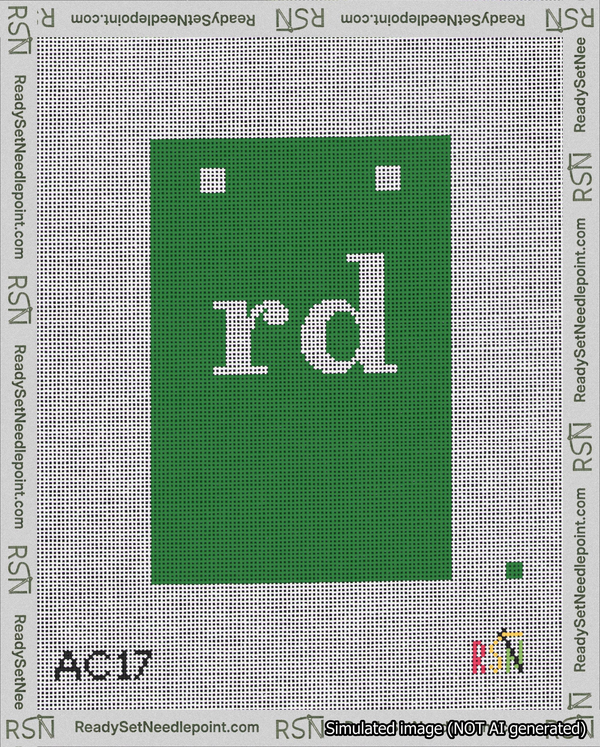 A taped needlepoint canvas with the design: Banner 18 mesh count Squared rd White on Green.