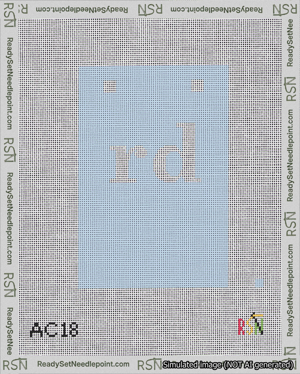 A taped needlepoint canvas with the design: Banner 18 mesh count Squared rd White on Light Blue.