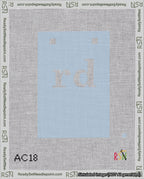 A taped needlepoint canvas with the design: Banner 18 mesh count Squared rd White on Light Blue.