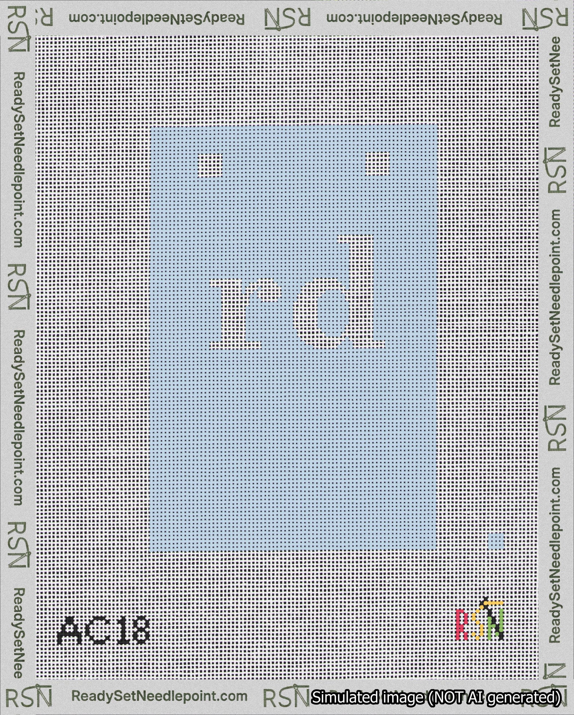 A taped needlepoint canvas with the design: Banner 18 mesh count Squared rd White on Light Blue.