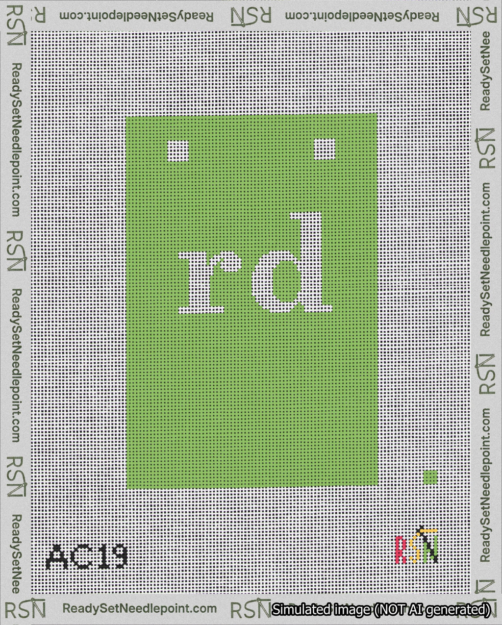 A taped needlepoint canvas with the design: Banner 18 mesh count Squared rd White on Light Green.
